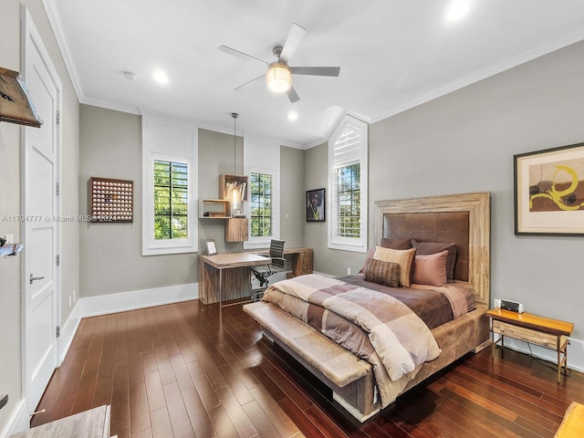 bedroom with crown molding, ceiling fan, and dark wood-type flooring