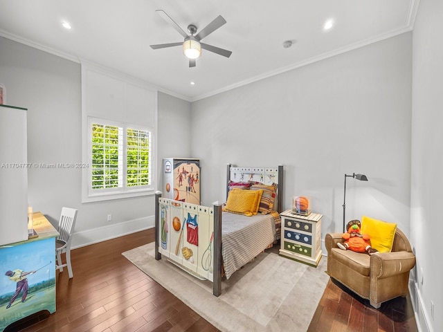 bedroom with ceiling fan, dark hardwood / wood-style flooring, and ornamental molding