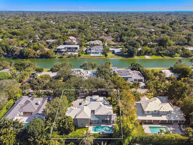 aerial view featuring a water view