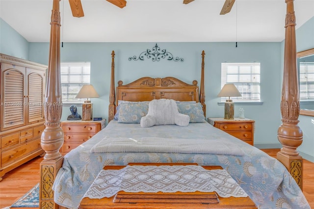 bedroom featuring ceiling fan and light wood-type flooring