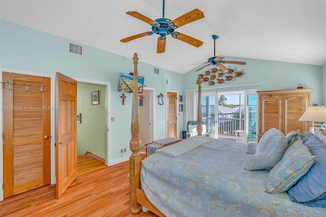 bedroom with ceiling fan, light hardwood / wood-style flooring, access to outside, and vaulted ceiling