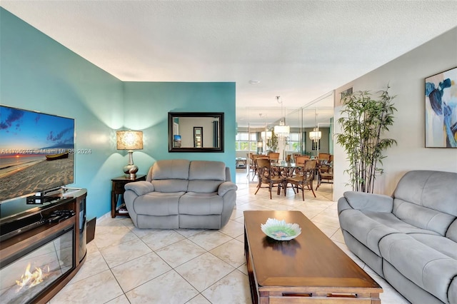 tiled living room with a textured ceiling