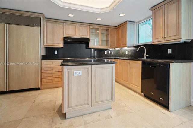 kitchen with dishwasher, a center island, sink, ornamental molding, and paneled fridge