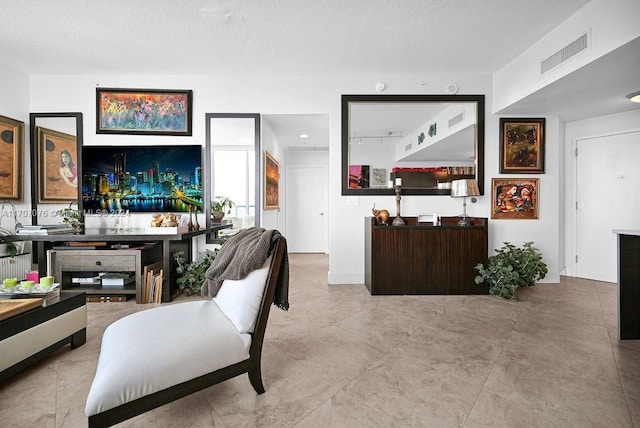 living room with a textured ceiling