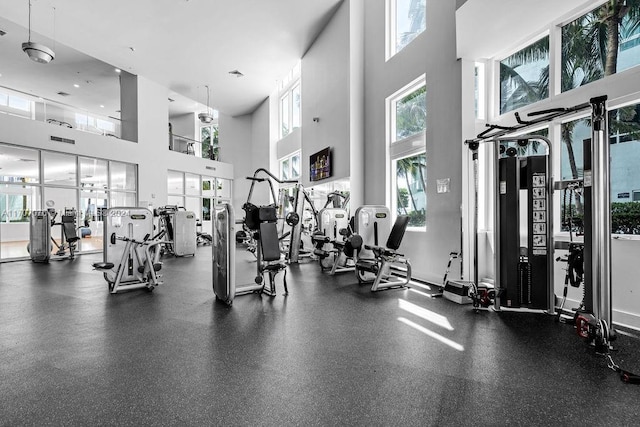 gym featuring a towering ceiling and plenty of natural light