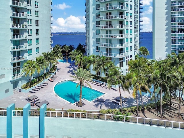 view of pool featuring a water view