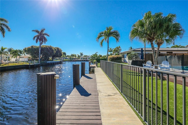 view of dock featuring a yard and a water view