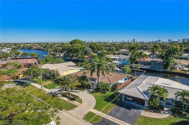 drone / aerial view featuring a water view