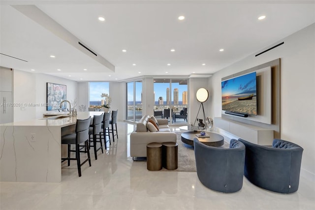 living room with expansive windows and sink