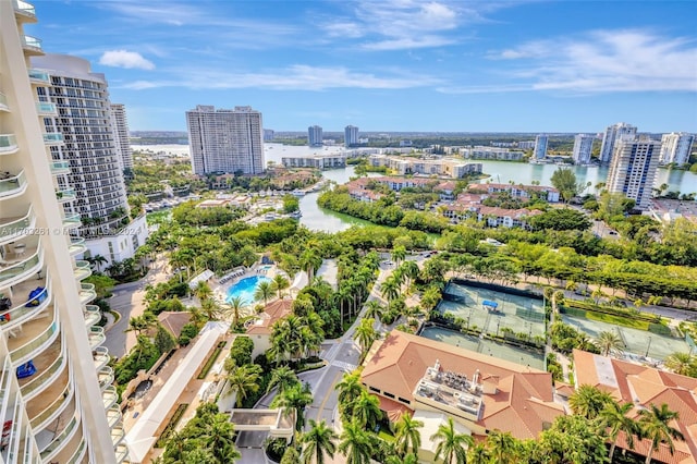 birds eye view of property featuring a water view