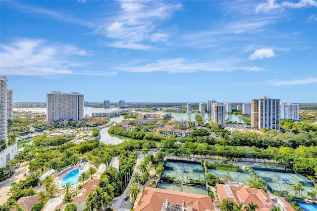 aerial view featuring a water view