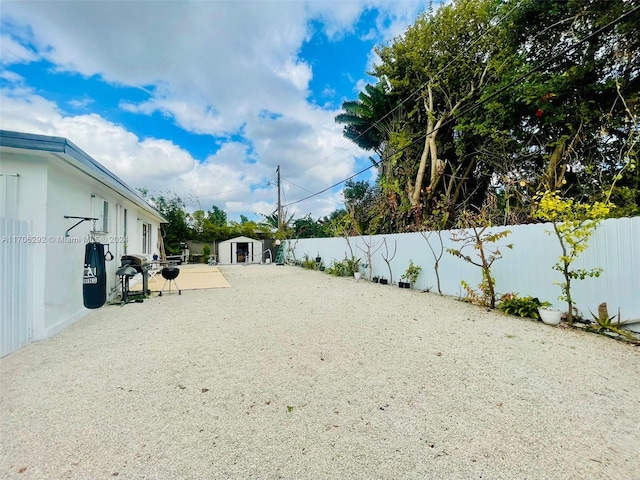 view of yard with a patio and a shed