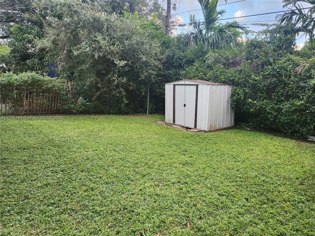 view of yard featuring a storage unit