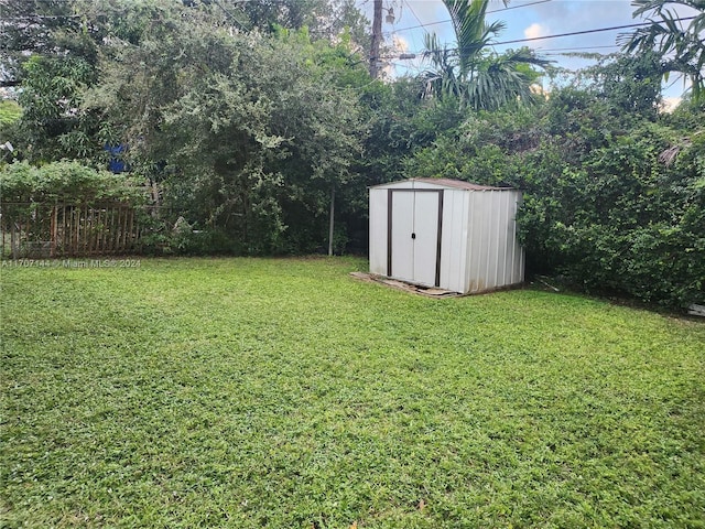 view of yard featuring a storage unit