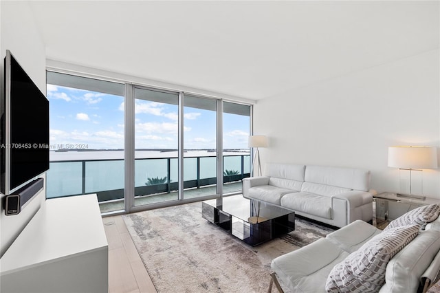 living room with hardwood / wood-style floors, a water view, and a healthy amount of sunlight