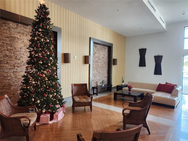 living room with parquet floors