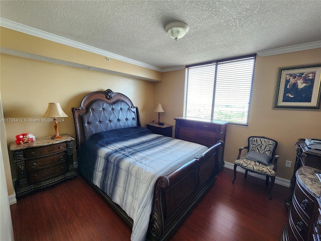 bedroom featuring a textured ceiling, dark hardwood / wood-style flooring, and ornamental molding