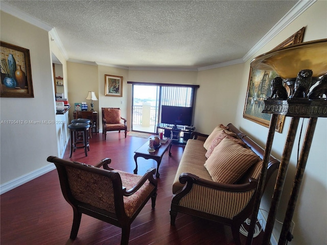 living room with a textured ceiling, dark hardwood / wood-style flooring, and crown molding