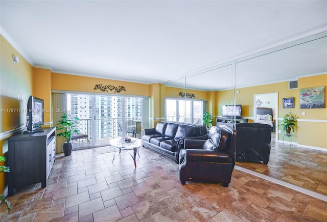 living room with crown molding