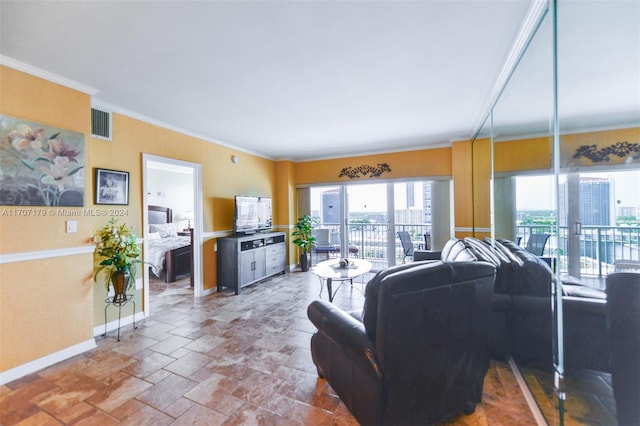 living room featuring ornamental molding