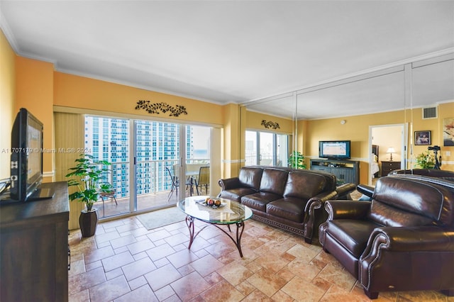 living room featuring ornamental molding