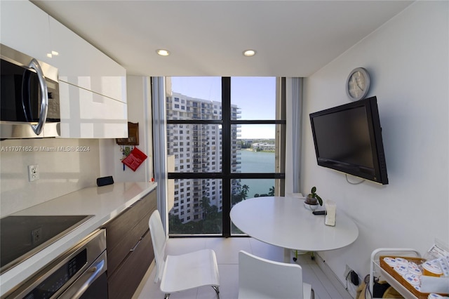 kitchen featuring white cabinets, dark brown cabinets, floor to ceiling windows, and appliances with stainless steel finishes