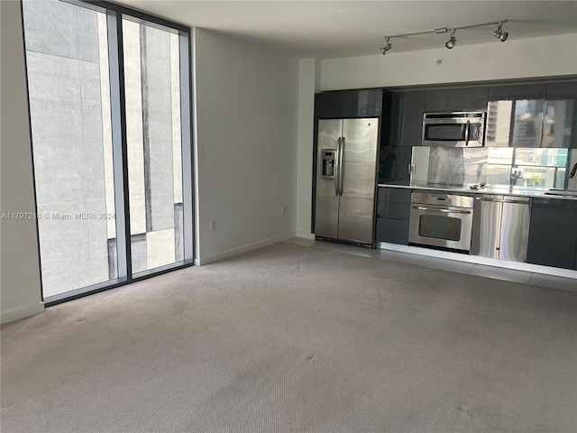 kitchen with a healthy amount of sunlight, stainless steel appliances, and light carpet