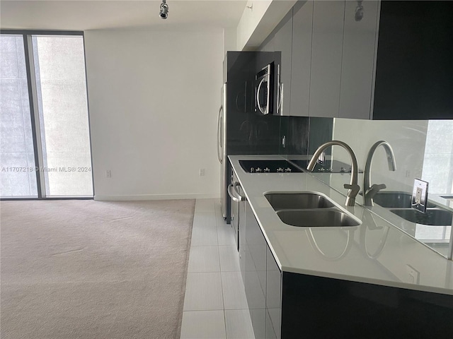 kitchen featuring sink, light colored carpet, and stainless steel appliances