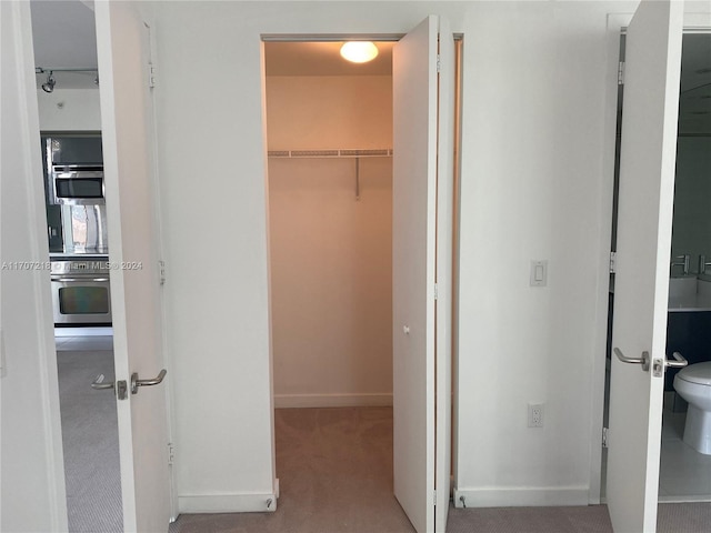 hallway featuring light carpet