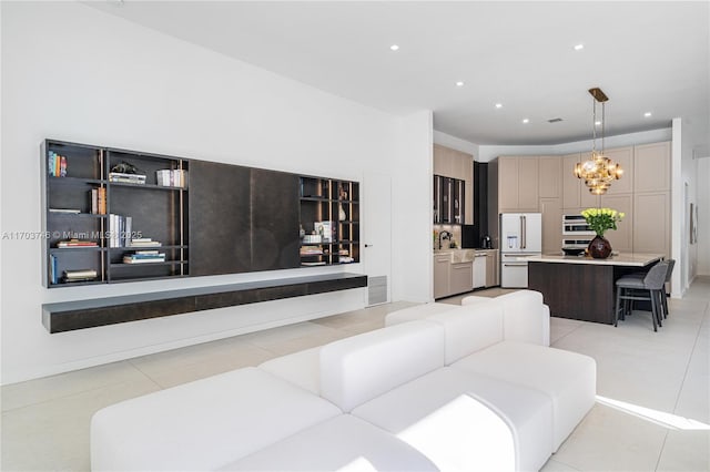 tiled living room featuring sink