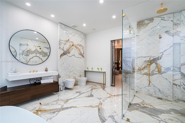 bathroom featuring a bidet, toilet, and walk in shower