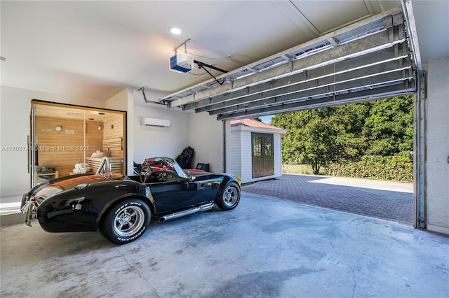 garage featuring an AC wall unit and a garage door opener