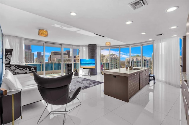 tiled living room featuring expansive windows and sink