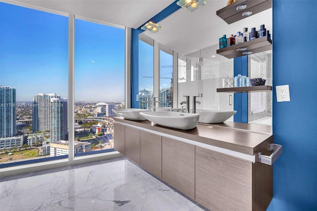 bathroom with a wall of windows and sink