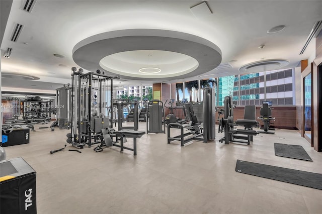 exercise room featuring expansive windows, a tray ceiling, and a wealth of natural light