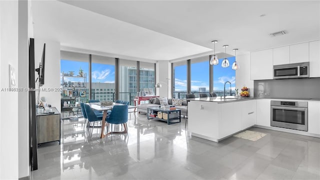 kitchen with white cabinets, pendant lighting, stainless steel appliances, and expansive windows