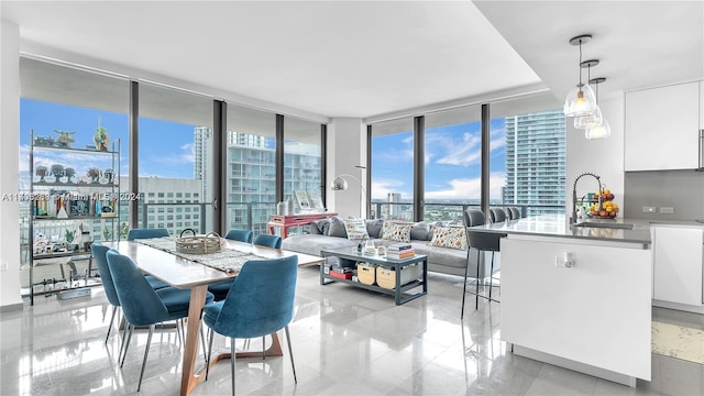 dining area with floor to ceiling windows and sink