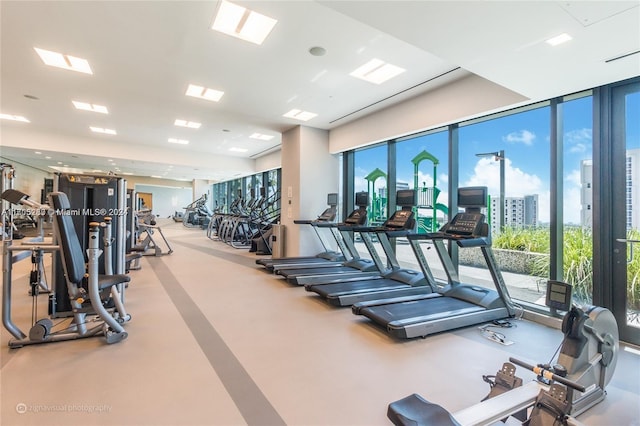 gym with floor to ceiling windows