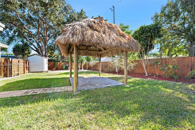 view of yard featuring a patio area and a shed