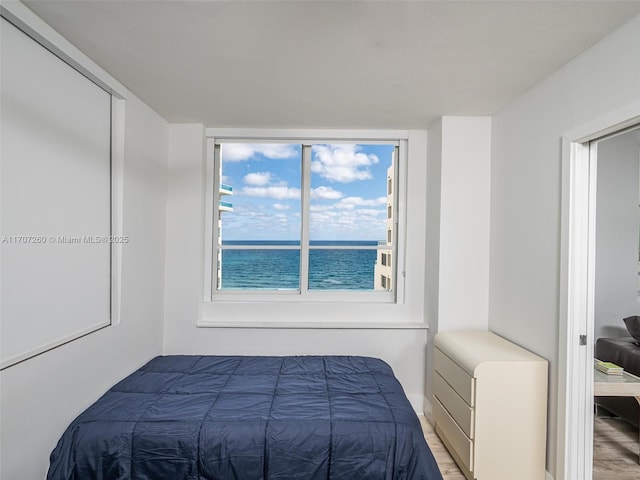 bedroom featuring a water view