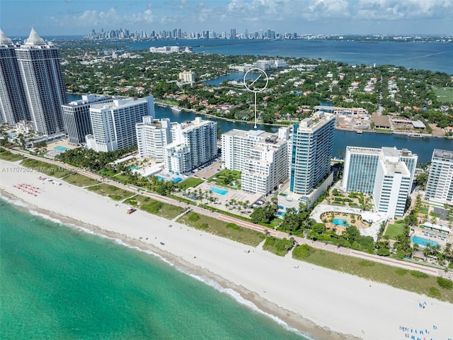 bird's eye view with a water view and a view of the beach