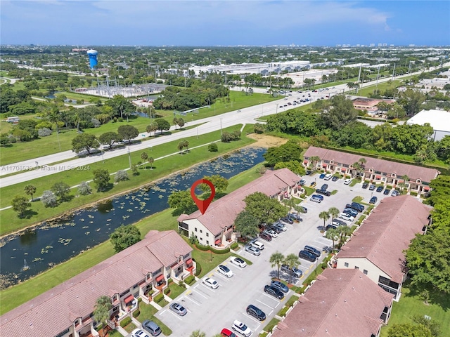 aerial view featuring a water view