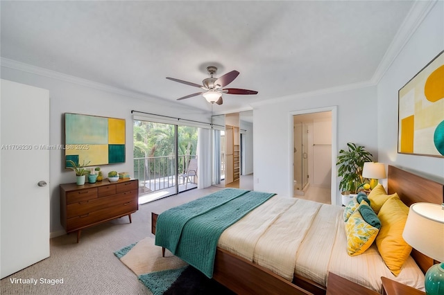 bedroom featuring light carpet, access to exterior, crown molding, and ceiling fan