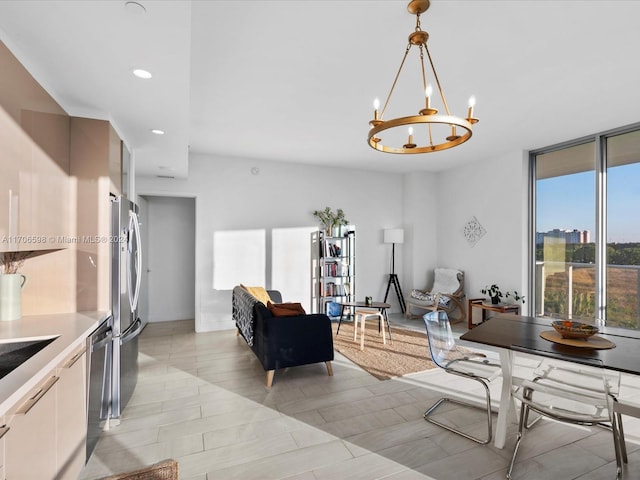 living room featuring a chandelier