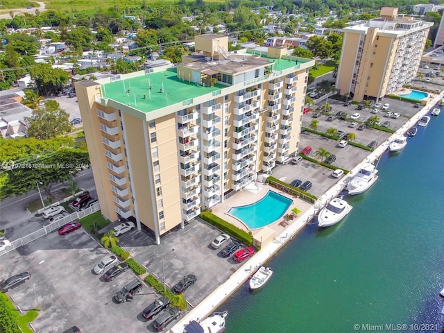 drone / aerial view with a water view