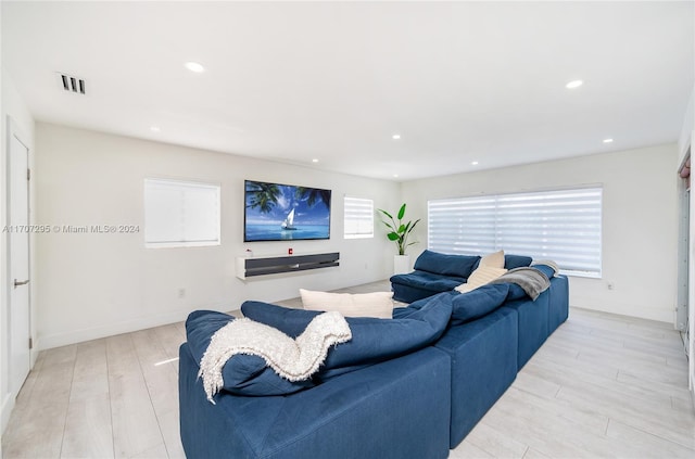 living room featuring a wealth of natural light and light hardwood / wood-style flooring