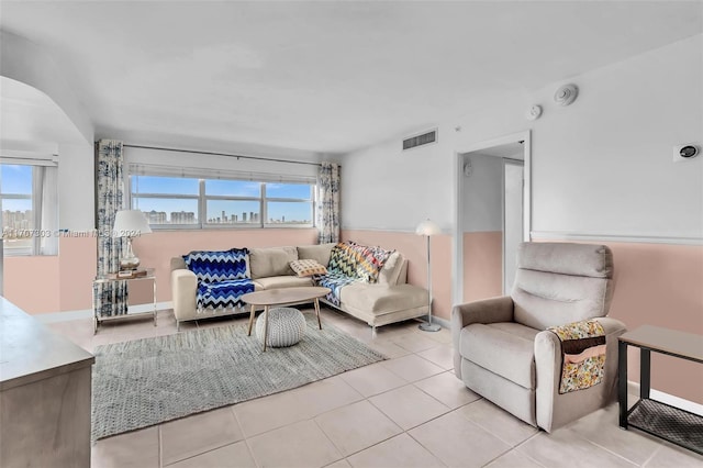 living room featuring light tile patterned floors