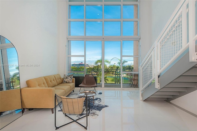 living room with tile patterned floors