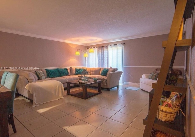 tiled living room with a textured ceiling and ornamental molding