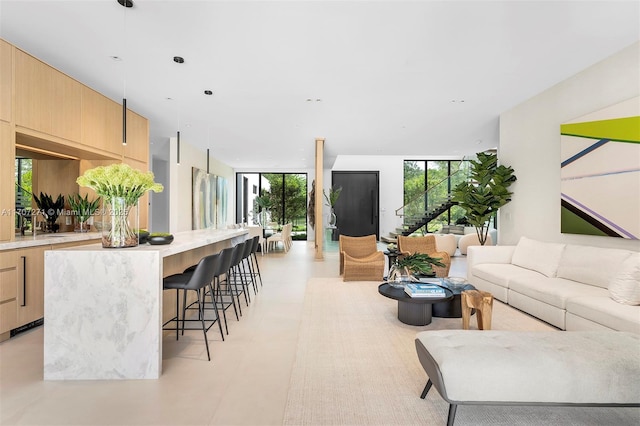 living room with expansive windows